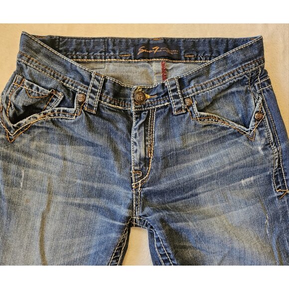 Seven 7 Embroidered Back Pockets Boot Cut Women’s Blue Denim Jeans Size 32"W - Picture 3 of 16